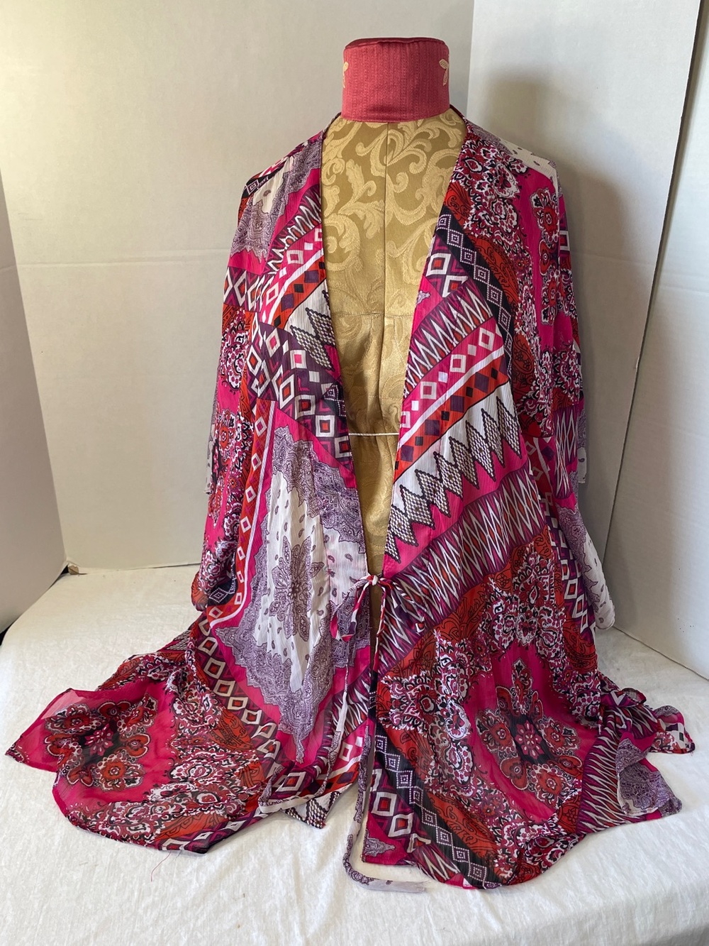 3X Maggie Barnes Multicolor Pink Boho Cover Up Flutter Sl Open Front Geo Floral